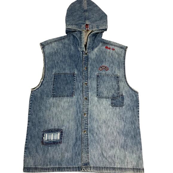 Vtg Bugle Boy Denim Vest Men XL Light Wash Patched Hood Logo Patch Grunge Biker - Picture 1 of 8